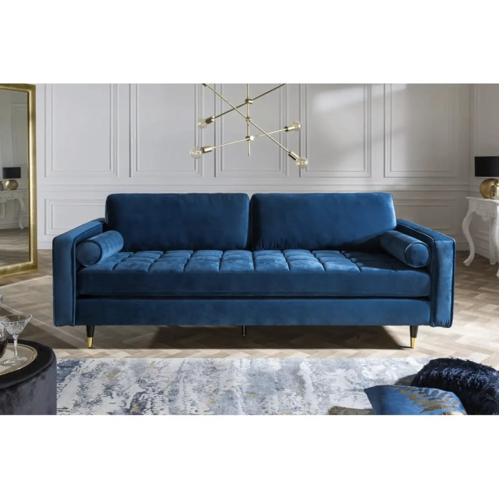 Divano KOLIRI 3 posti blu – Divano design in velluto con struttura in legno massiccio