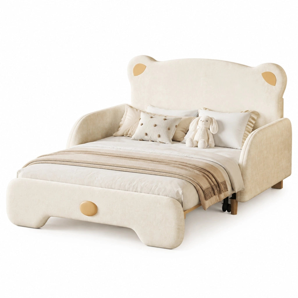 DESMIU Letto estraibile matrimoniale 2 posti con bordi morbidi e forma di orso, 140 × 200 cm e 140 × 105 cm, con materasso