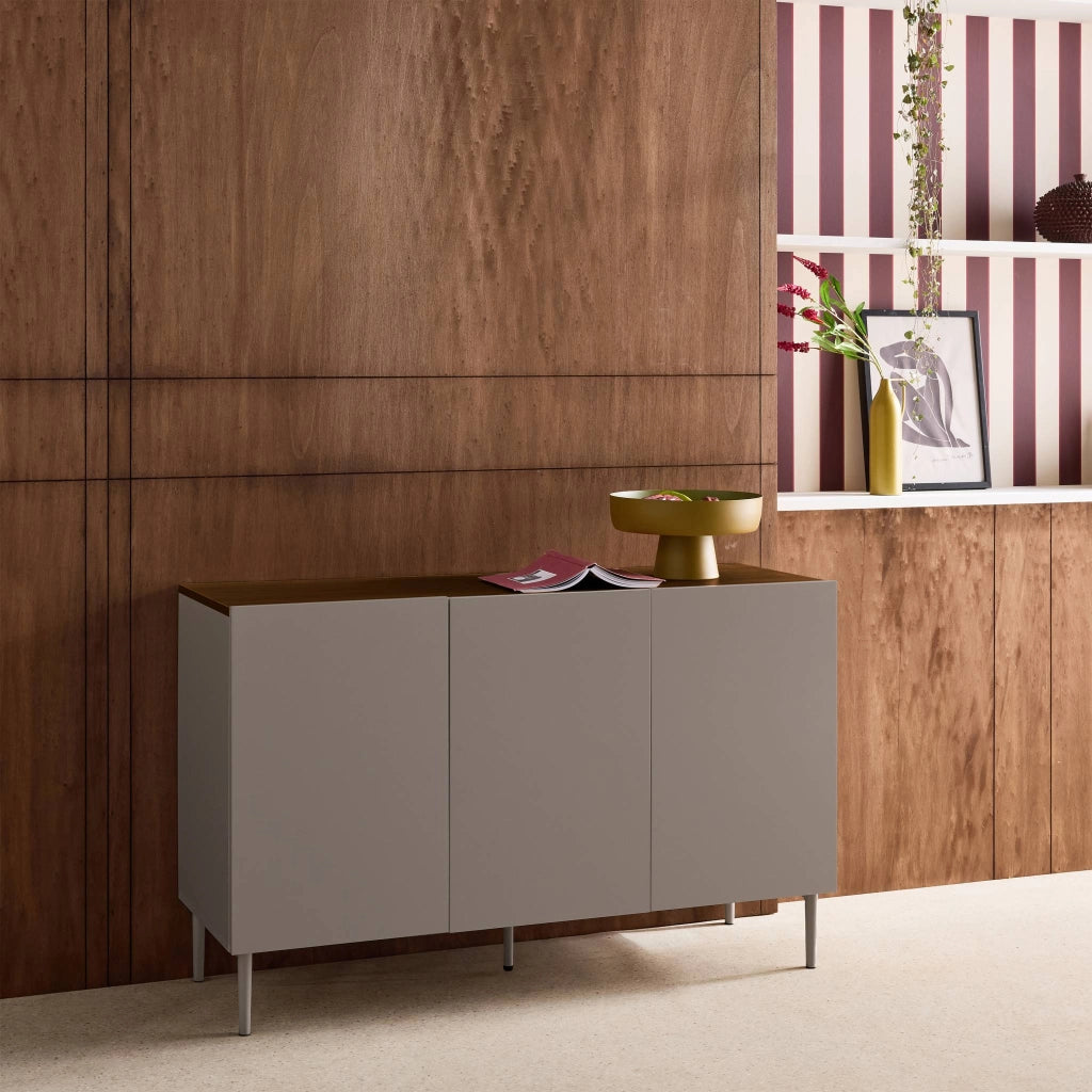 Credenza in metallo e decorazione in legno 3 ante, 120cm, grigio