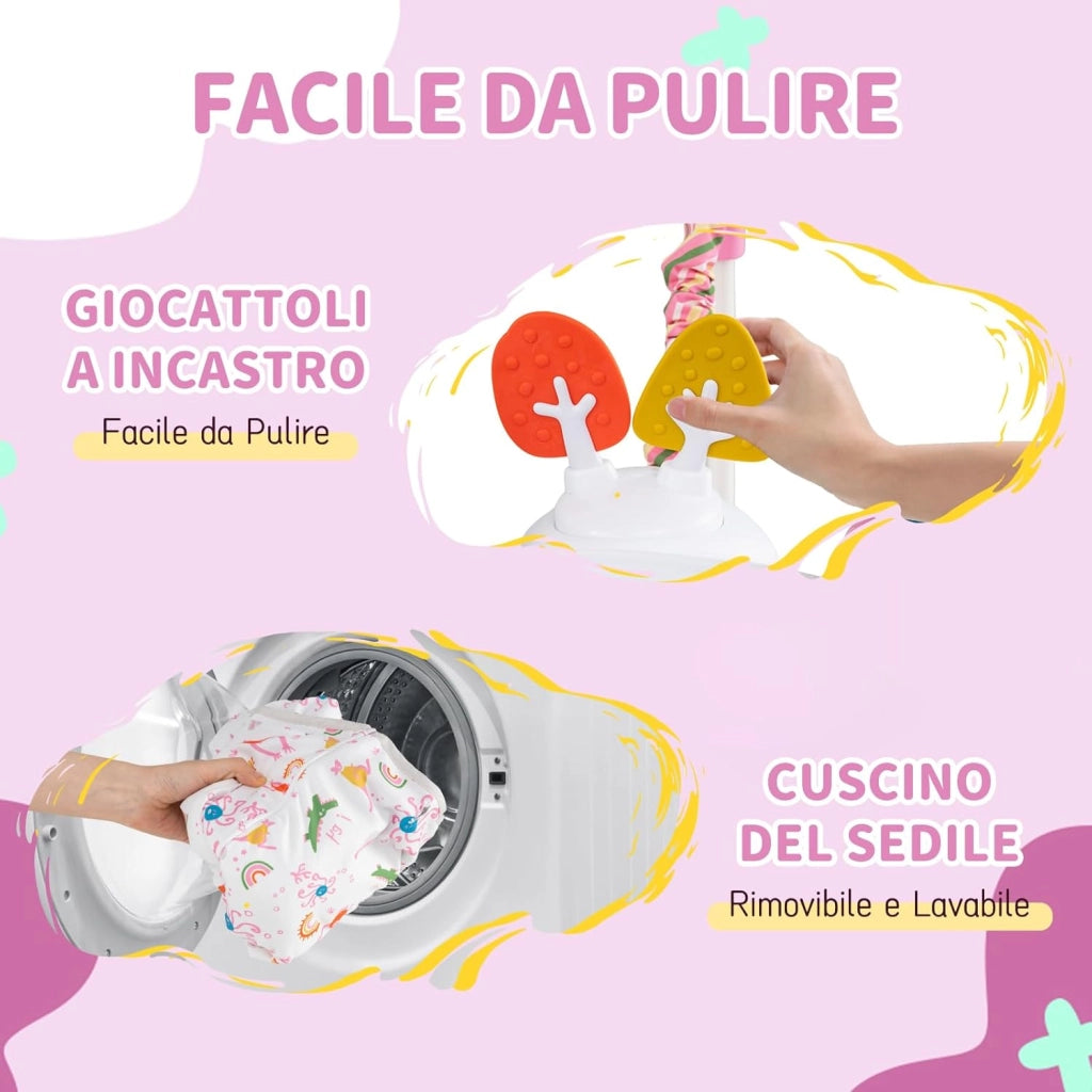 Jumperoo per Bambini, Saltarello Neonato con Altezza Regolabile, 6 Giocattoli Interattivi, Centro attività con Sedile Girevole a 360°, Gioco Saltellante con Suoni per Bambini 6+ Mesi (Rosa)