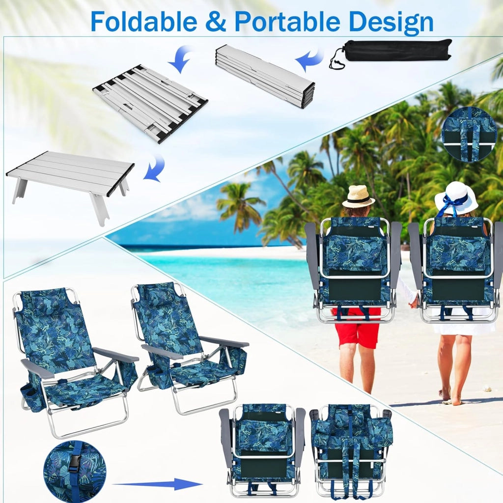 Set di 2 Lettini Prendisole Pieghevoli e Tavolino, Lettini da Spiaggia con Poggiatesta e Schienale Regolabile, Sedie Sdraio Portatile con Borse Laterali per Giardino, Piscina (Blu Marino)