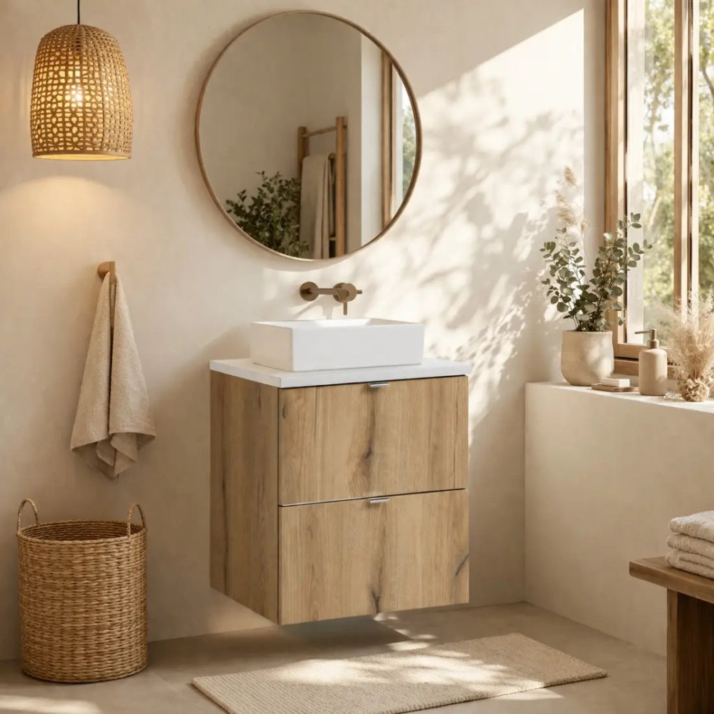 Set VANO finitura quercia e bianco 50cm: mobile sotto lavabo con cassetti + piano per lavabo + lavabi rettangolari da appoggio