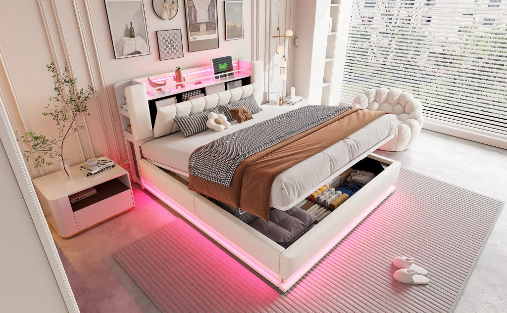 Letto imbottito smart con LED, USB e contenitore idraulico, 180x200 cm, beige