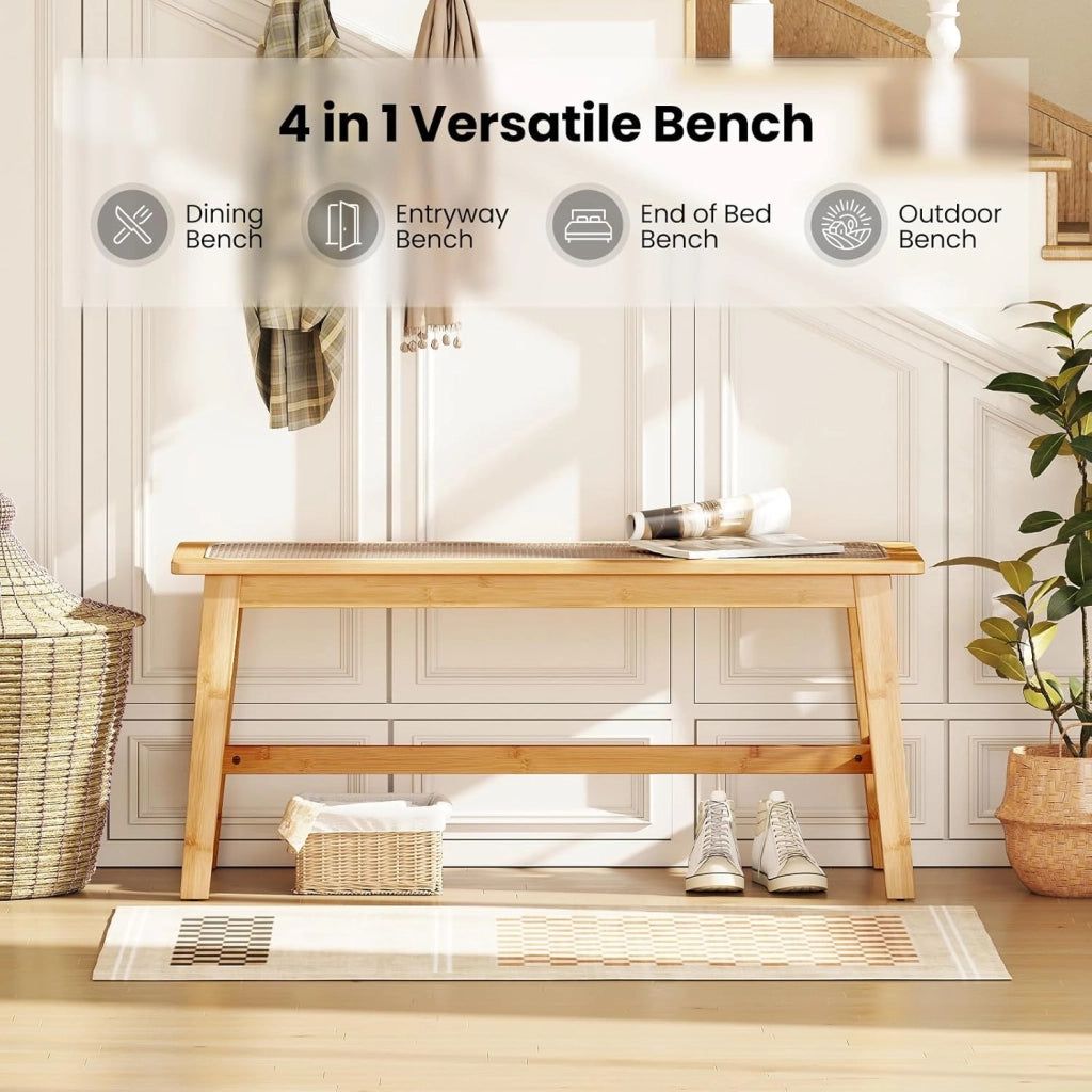 Panca d'Ingresso in Bambù, Sgabello da Pavimento con Seduta Traspirante in Rattan, Stile Rustico, 100x35x45 cm, Portata Fino a 300 kg, per Ingresso, Sala da Pranzo e Camera da Letto