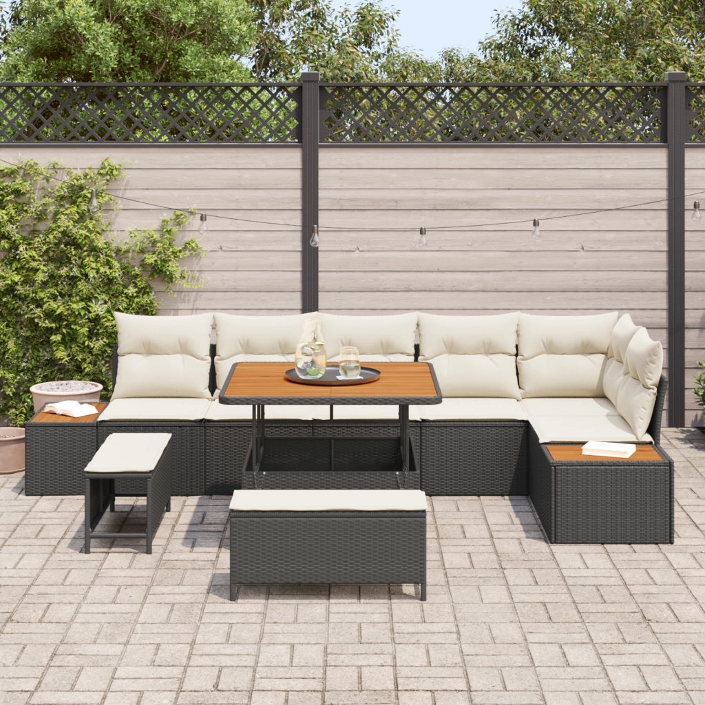 Set di SofÃ  da Giardino 9 Pezzi con Cuscini in Rattan Sintetico Nero e Legno di Acacia