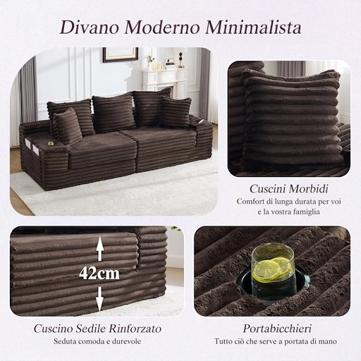 Divano in velluto a coste 4 posti 273 cm; schienale alto e cuscini; tasche e portabicchieri; marrone caffè
