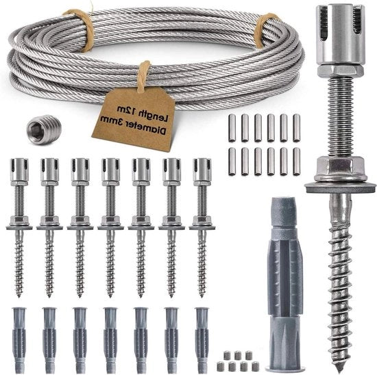 Kit di supporti per piante in acciaio inossidabile con sosteggi per parete e corda da 3 mm, 8 supporti e 12 m di lunghezza