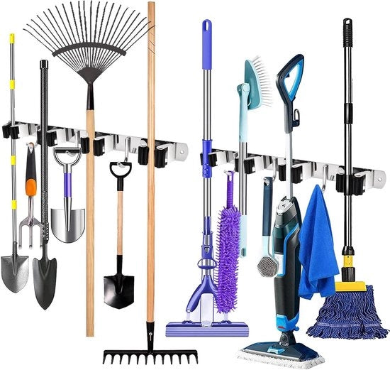 Set di 2 pezzi - Acciaio Inossidabile - Autoadesivo - Sistema di Stoccaggio con 8 contenitori e 6 ganci per attrezzi da giardino - Per Cucina, Balcone e Bagno