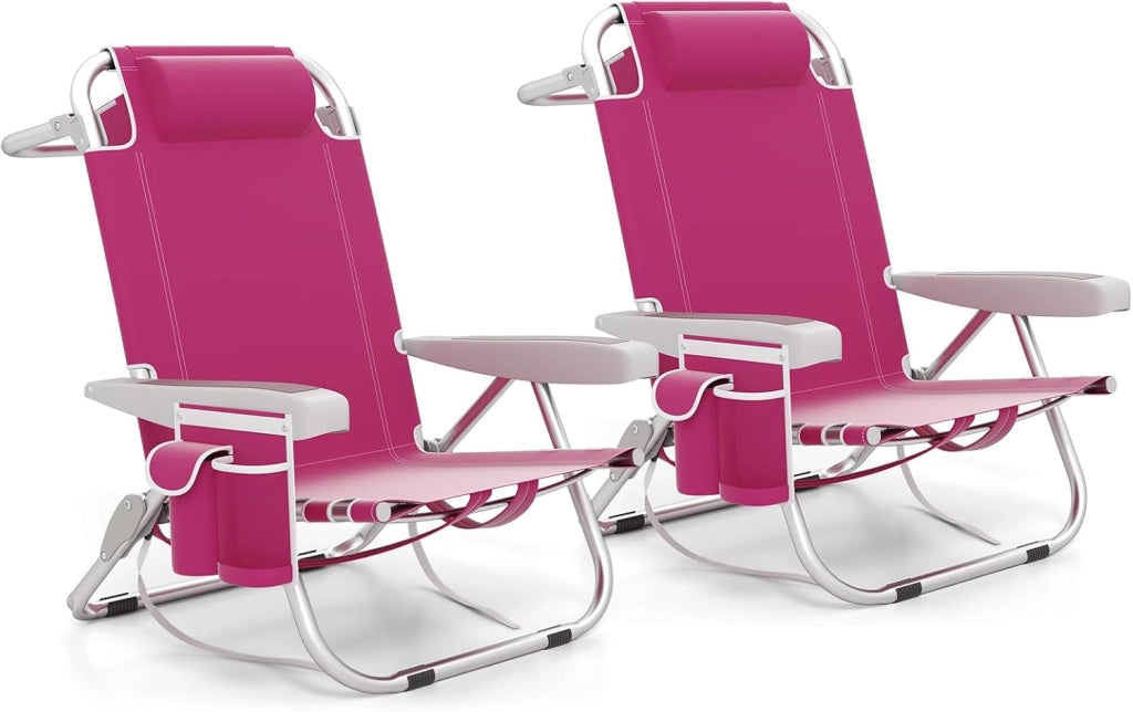 Sedia da Spiaggia, Sdraio Pieghevole a 5 Posizioni con Portabicchieri, Poltrona da Spiaggia con Cuscino per Testa e Zaino, Sedia da Campeggio Portatile, Portata 150 kg (Rosa,1)
