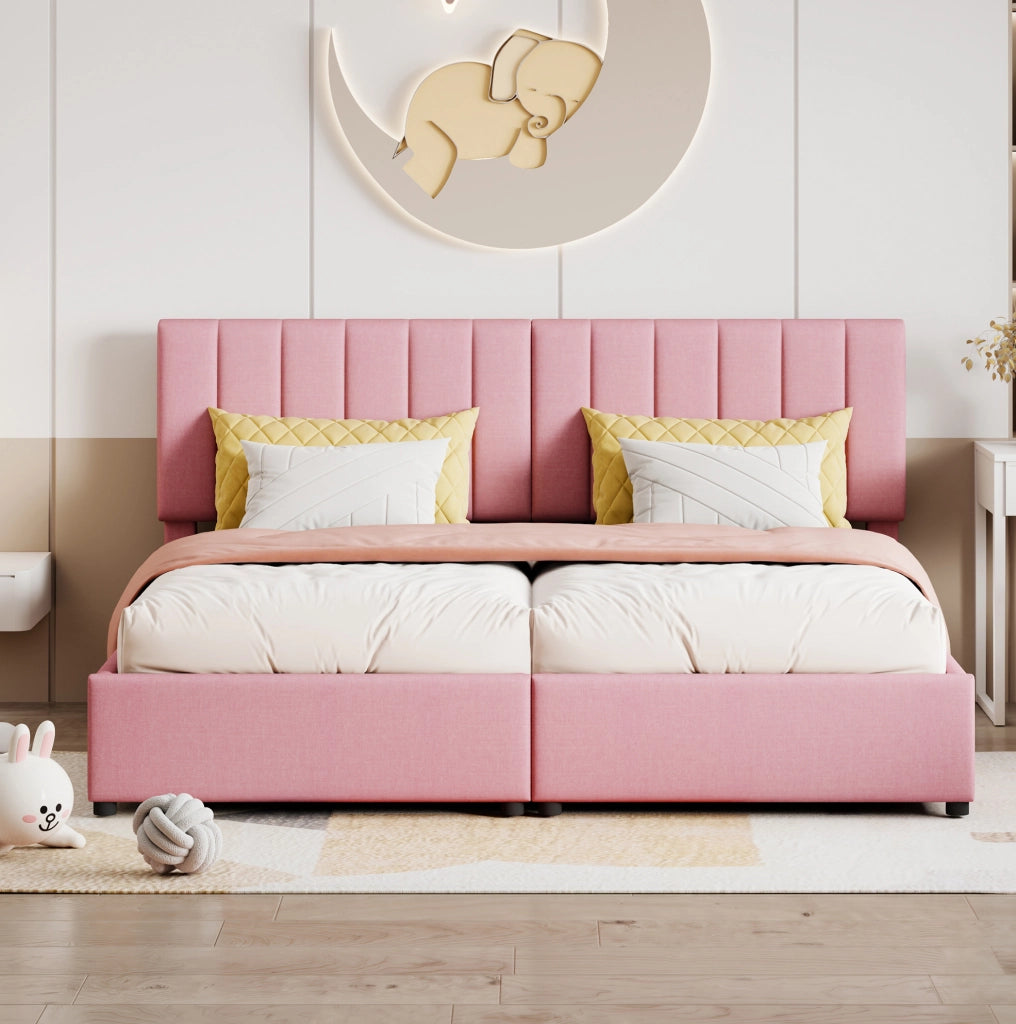 Letto imbottito rosa 180x200 cm con contenitore idraulico, trasformabile in 2 letti