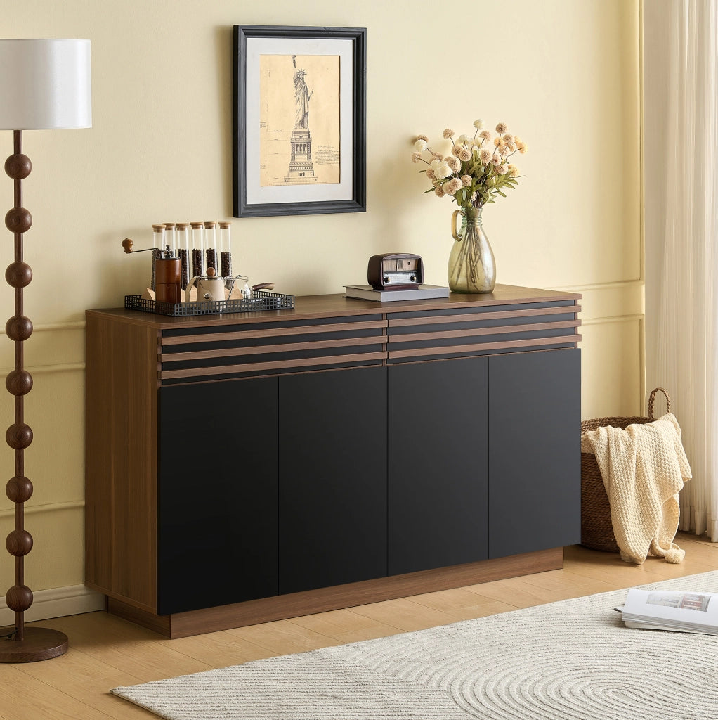 Credenza 150x40x85 cm in MDF marrone effetto legno e nero con 4 ante e 2 cassetti