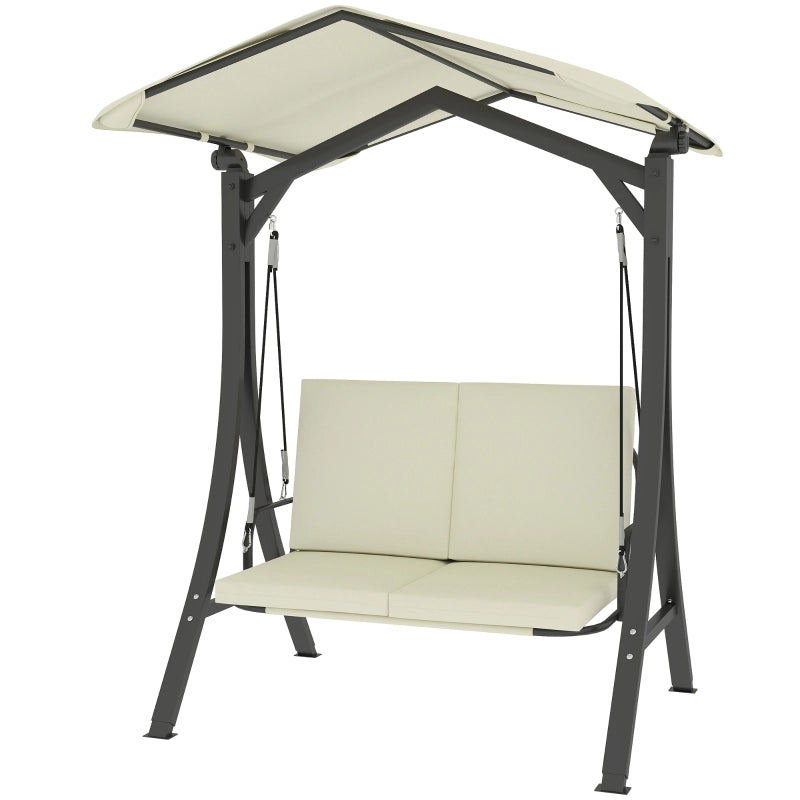 OKWISH Dondolo da Giardino 2 Posti, Tettuccio Regolabile e Seduta Imbottita, Poliestere, Bianco Crema, 150 x 120 x 182 cm