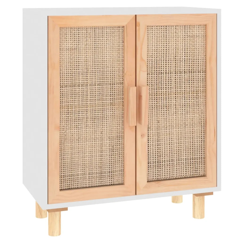 Credenza-Buffet-Armadio da cucina Bianca 60x30x70 cm Legno Massello Pino Rattan Naturale