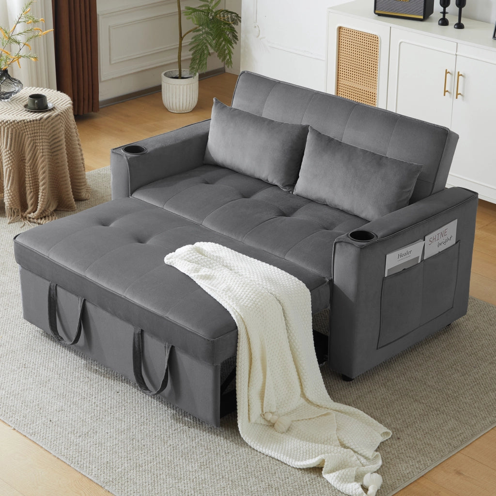 DIVANO LETTO 137x76,5x83 cm in velluto grigio con portabicchieri e cuscini
