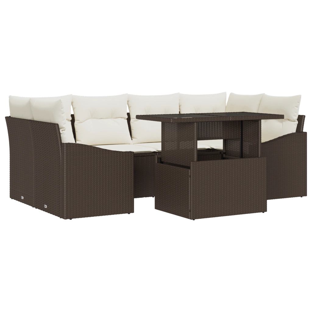 Set di divani da giardino 7 pezzi con cuscini Marrone in Polyrattan