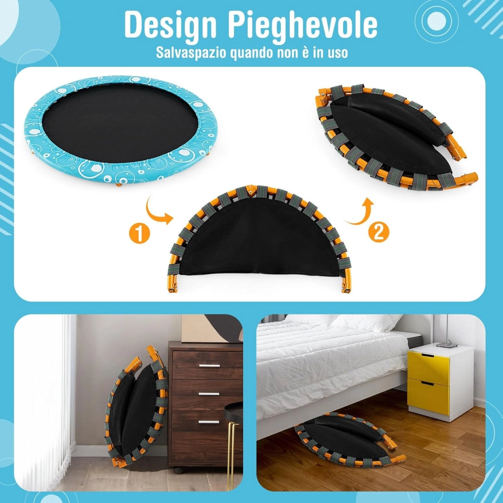 Trampolino Elastico per Bambini, Tappeto Elastico Pieghevole per Bambini con Copertura, Cuscinetti Antiscivolo e Maniglia, Ideale per Interno ed Esterno, Carico Massimo 150 kg