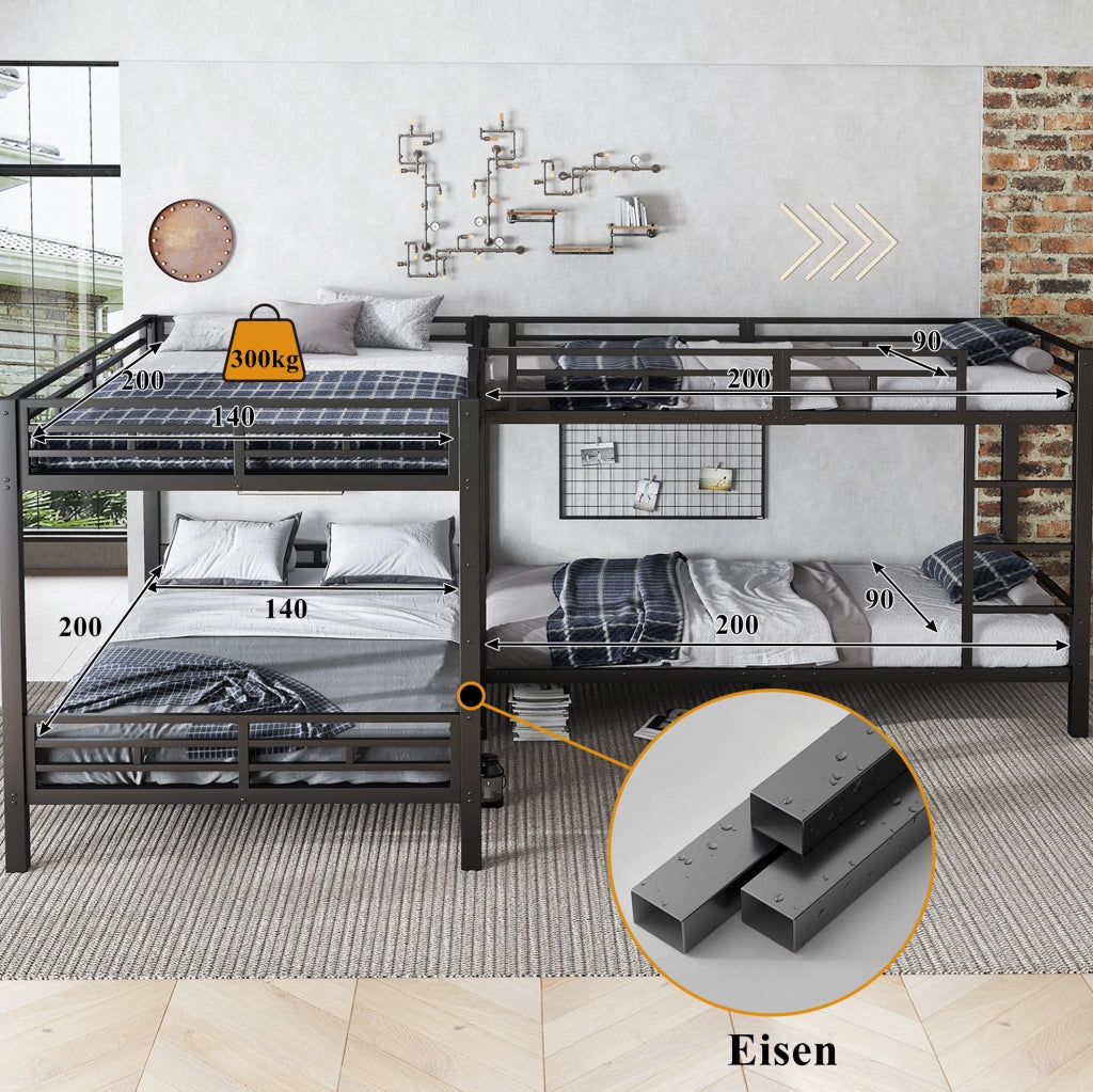 Letto a castello in metallo nero con scala a 3 gradini 90x200 cm e 140x200 cm