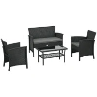 Salotto da Esterno Rattan PE con Divanetto, 2 Poltrone con Cuscini e Tavolino in Vetro, Nero e Grigio