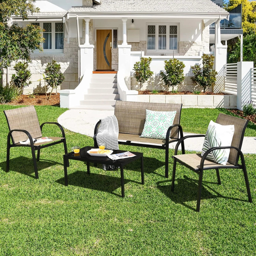 Set di 4 mobili da giardino per 4 persone, set da giardino con 2 sedie e 1 panca e 1 tavolino da caffè, set di mobili da terrazza per piscina, cortile (marrone), QF54737IBDE