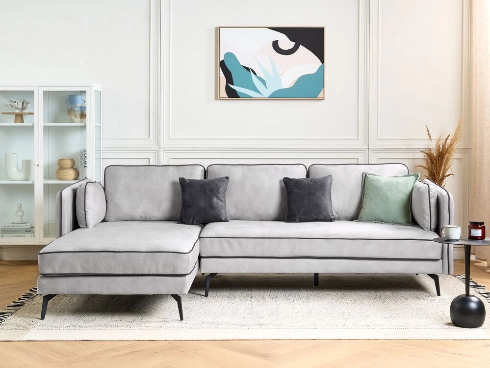 Divano 3 posti angolare regolabile lato destro in velluto grigio chiaro stile moderno design classico