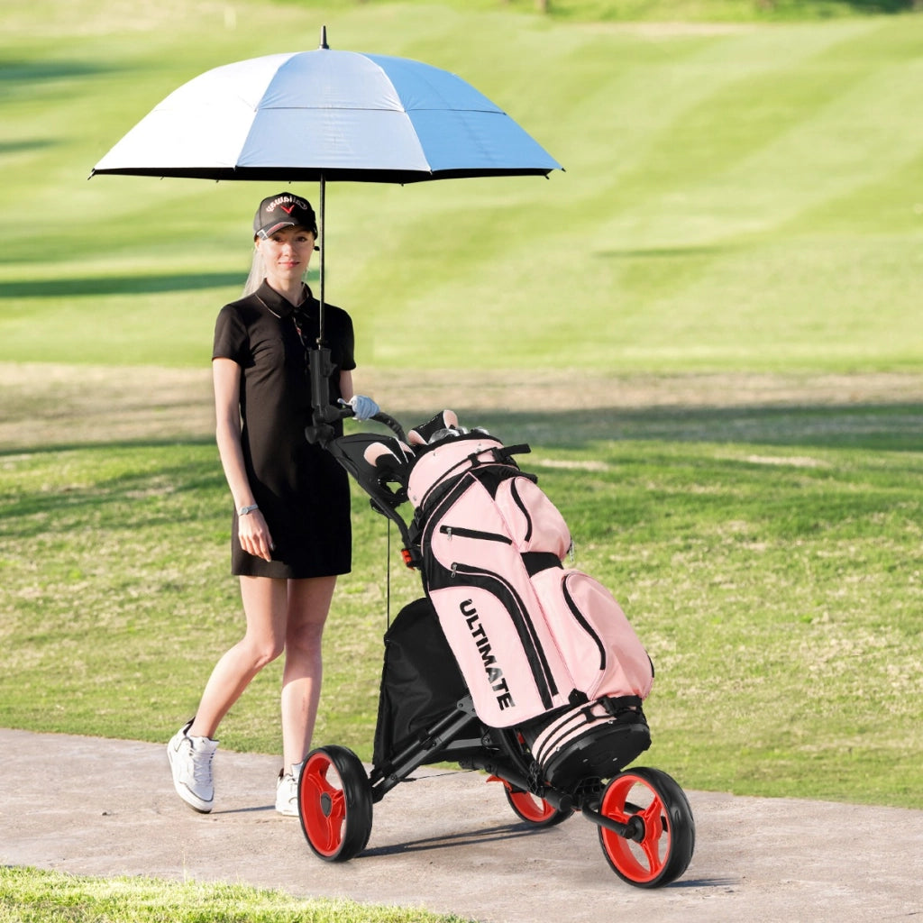 Carrello da golf a spinta con 3 ruote, Carrello pieghevole con borsa rivestita in alluminio cinghia Rosso-Golf