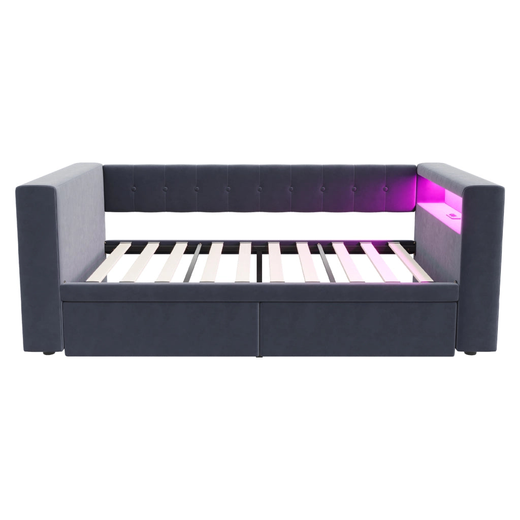 DESMIU Lit simple 90 × 190 cm con LED multicolore, prese, vani e cassetti, senza materasso, grigio scuro