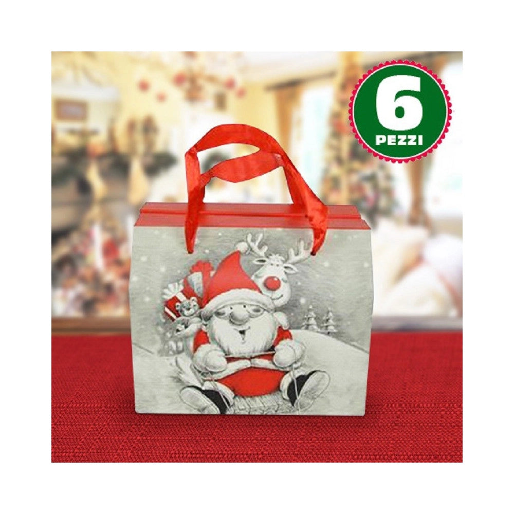 Trade Shop - 6 Scatole Da Regalo Stampa Babbo Natale Moderno Manici Tessuto Rossi 16x13x19cm -