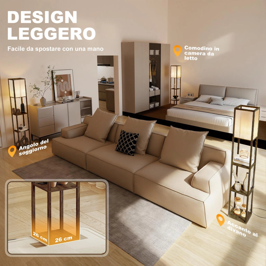 Lampada da Terra 26x26x160 cm Struttura con Ripiani Luce Regolabile Interruttore a Pedale e Porte USB in MDF Marrone
