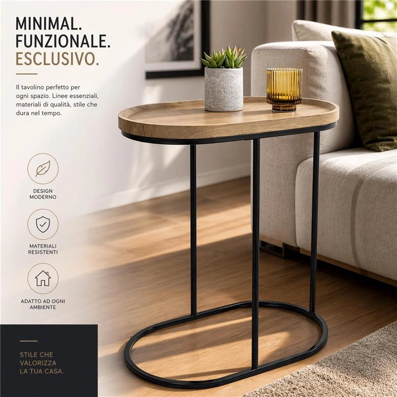 TAVOLINO CON STRUTTURA IN METALLO NERO E TOP IN MDF EFFETTO LEGNO SCURO MISURE: 46X30X60CM