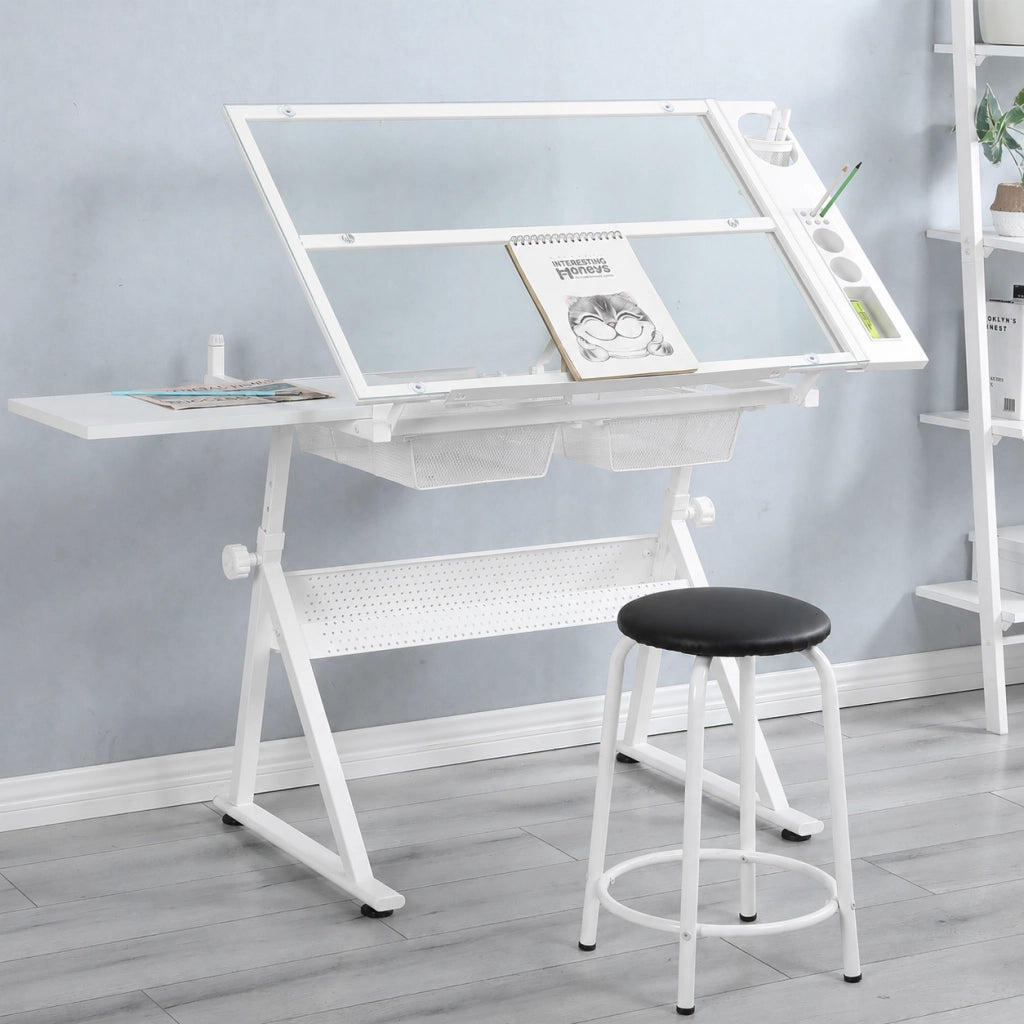 Scrivania lineare regolabile con piano in vetro, vani e cassetti, per ufficio e studio, bianco