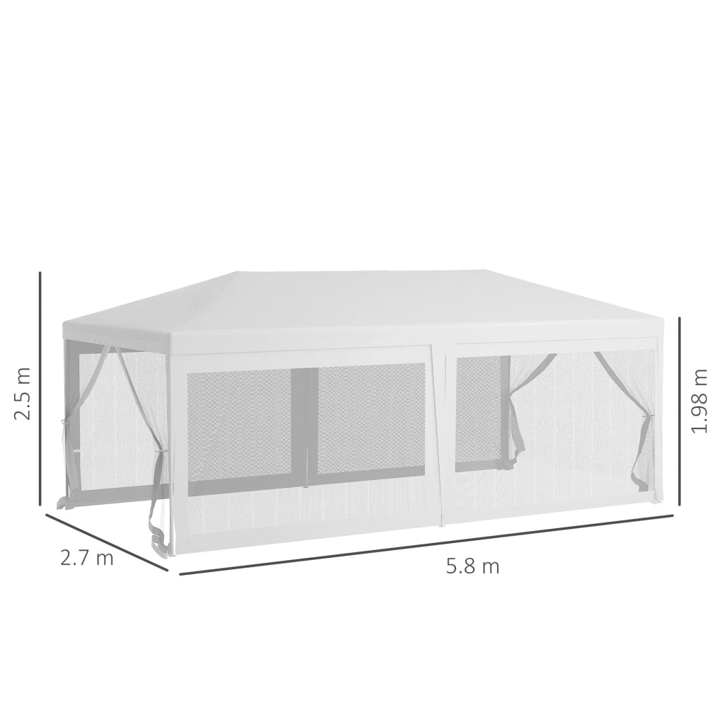 Gazebo da Giardino per Feste con 6 Pareti Rimovibili a Zanzariera 582x295x255cm Bianco