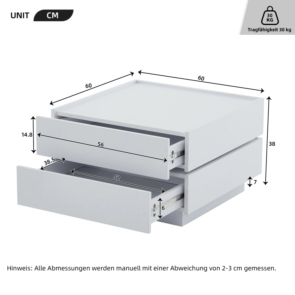 Tavolino da caffè girevole 360°, bianco, con 2 cassetti e vano contenitore, 60×60×38 cm