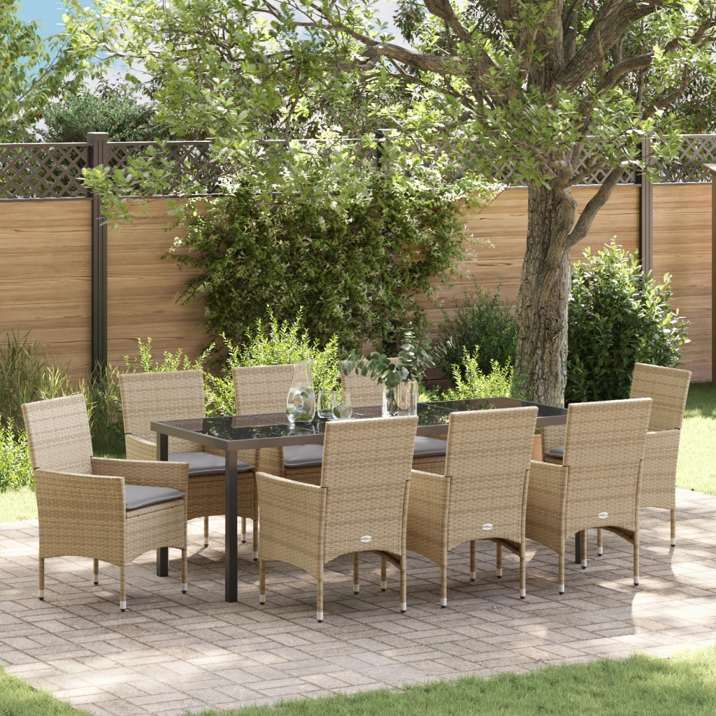 Set da Pranzo da Giardino  9 Pezzi con Cuscini in Rattan Poliestere Beige