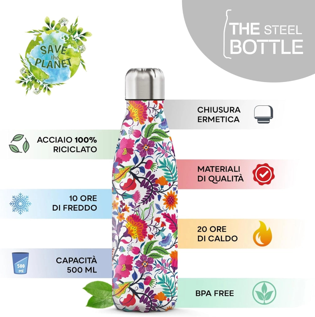 The Steel Bottle Bottiglia termica in Acciaio Inox Capacità 500 ml Chiusura Ermetica - Garden Flowers