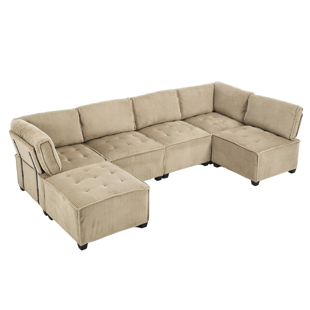 Divano Modulare 6 Posti ¨C MINIMAL ¨C Tessuto a Coste, Khaki, con Cassetti, Convertibile