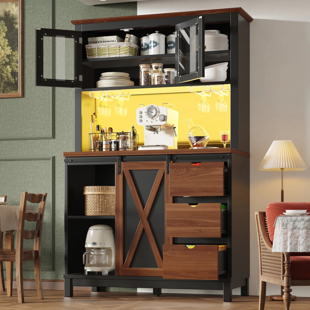 Armadio da cucina 104x40x180 cm con LED e ripiani regolabili in MDF; metallo e vetro nero