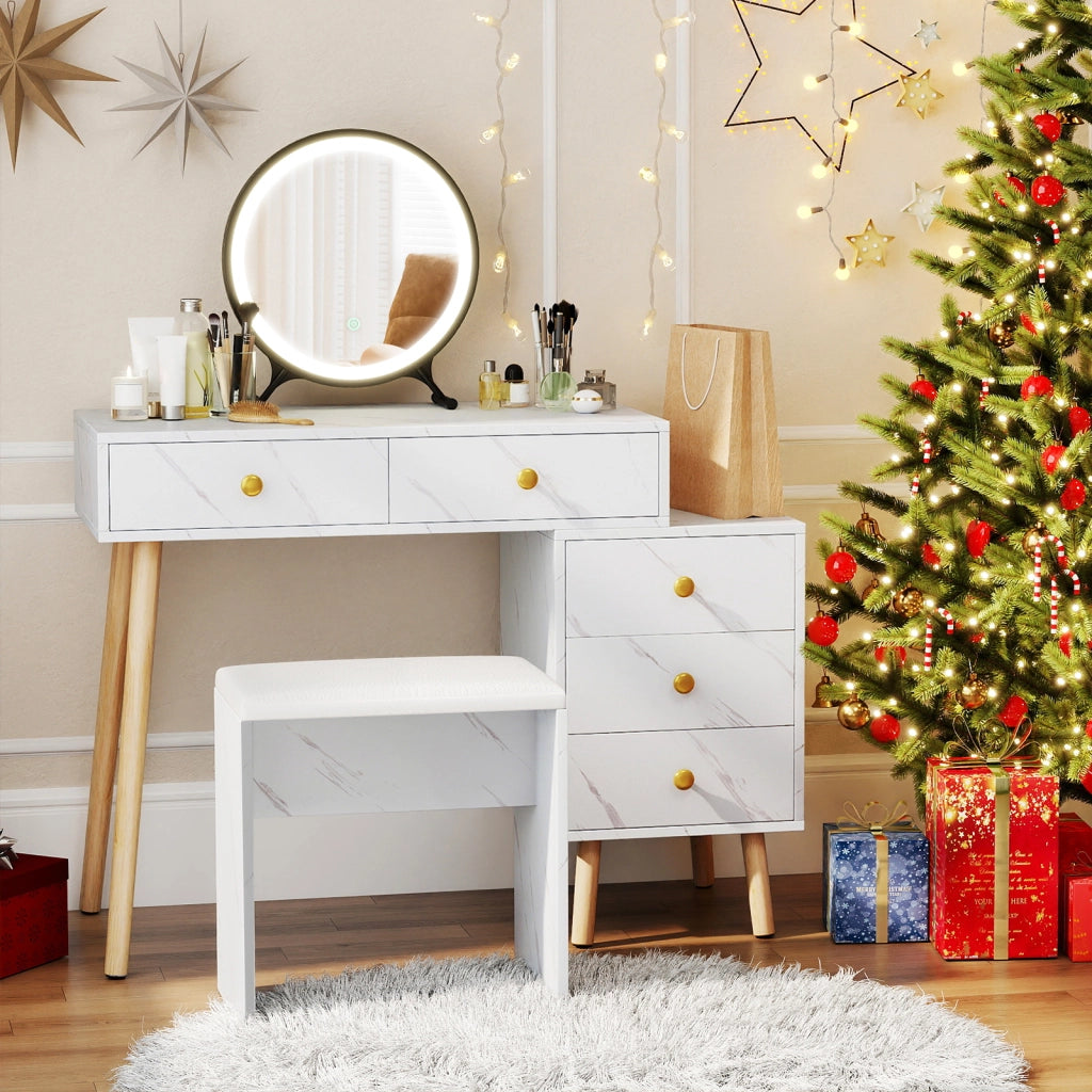 Tavolo da trucco specchio rimovibile luci 3 modalità 5 cassetti marmo finto gambe legno-Set toeletta sgabello morbido imbottito
