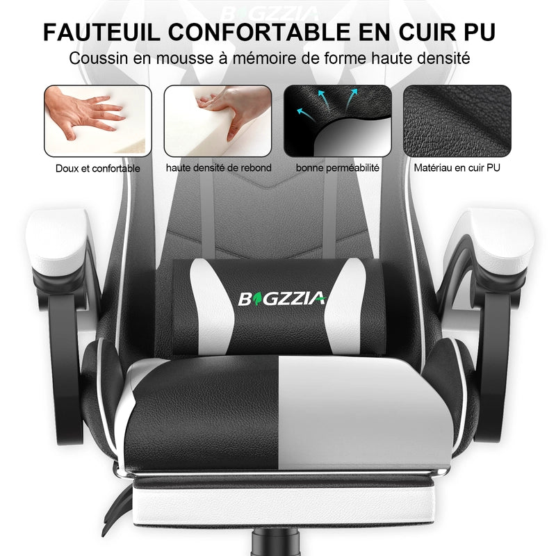Sedia da gioco,sedia da gioco ergonomica  in similpelle, altezza regolabile,con poggiatesta e supporto lombare, poggiapiedi, nero e bianco