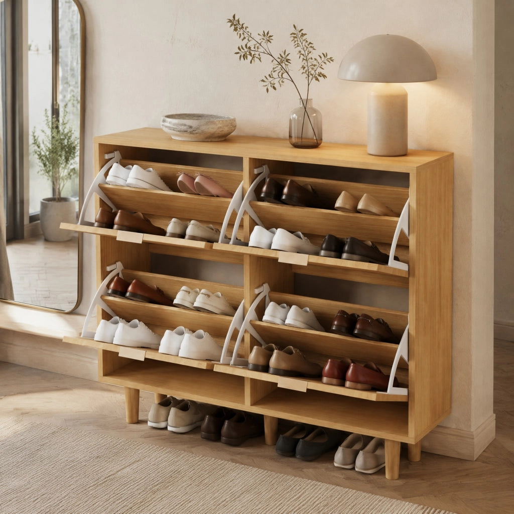 Scarpiera salvaspazio con 4 ante ribaltabili, design in rattan e finitura effetto rovere, 100 x 25 x 90 cm