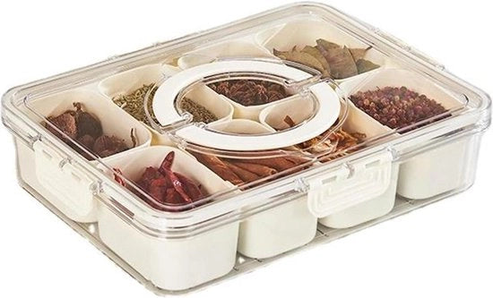 Snack box con coperchio e maniglia - 8 compartimenti - tavola da servizio divisa - contenitore alimentare portatile - cucina - frigorifero - viaggio - picnic - festa - bianco