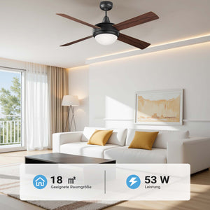 Ventilatore da soffitto Ø 122 cm con 4 pale, lampadario ventilatore con 3 velocità, telecomando, timer, modalità estiva e invernale, 53 W