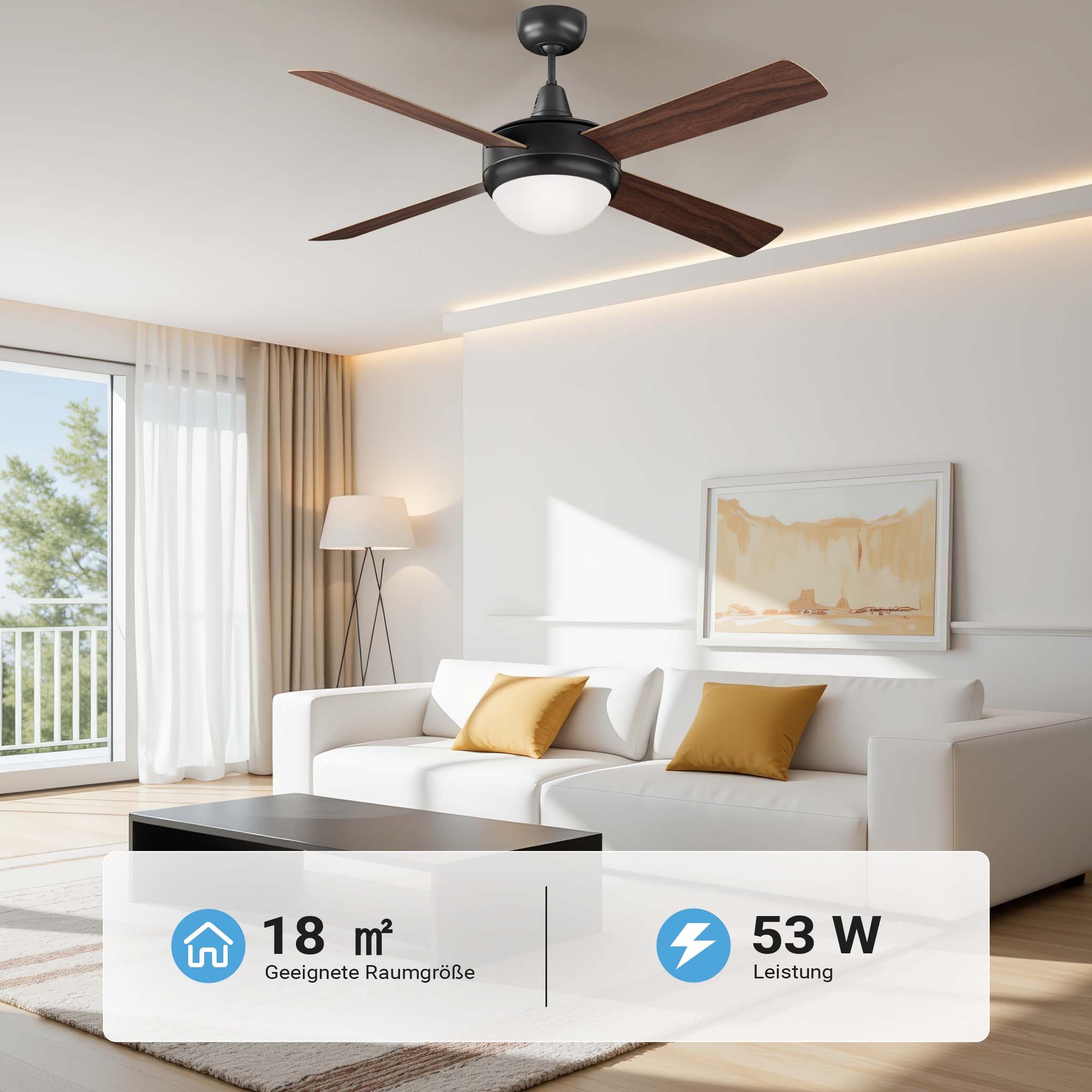 Ventilatore da soffitto Ø 122 cm con 4 pale, lampadario ventilatore con 3 velocità, telecomando, timer, modalità estiva e invernale, 53 W
