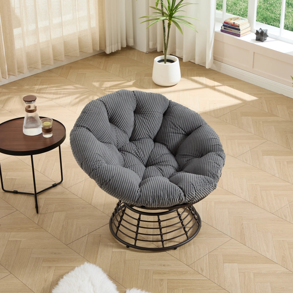 POLTRONA Girevole 360° Ø92x67 cm Acciaio e Rattan PE Marrone con Cuscino Grigio