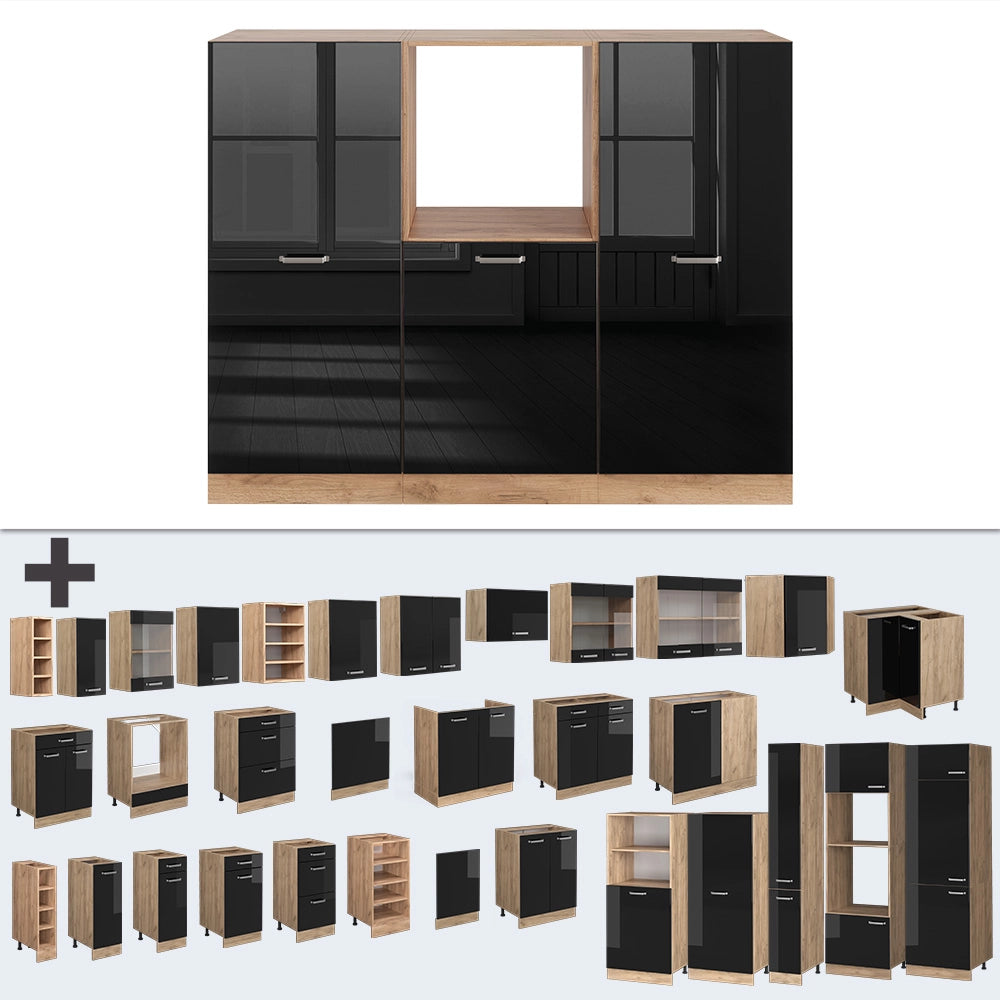 Cucine componibili piccole R-Line Nero lucido/Rovere dorato 180 cm senza piano di lavoro Vicco