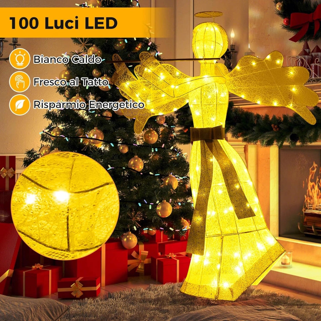 Angelo Natalizio Illuminato da Esterno, Decorazione Natalizia con 100 Luci LED, 4 Picchetti da Terra e 10 Fascette, per Giardino, Cortile e Prato (Modello 3)
