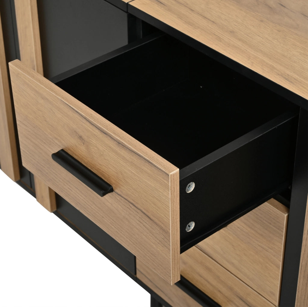 Credenza 140x35x70 cm in MDF con 3 ante e 3 cassetti; nero e effetto legno