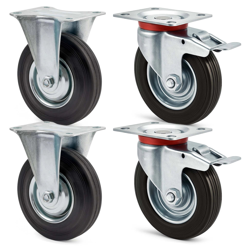 Set rotelle da trasporto 200 mm 2 ruote piroettanti con freno 2 fisse, nucleo in metallo, 150 kg a ruota