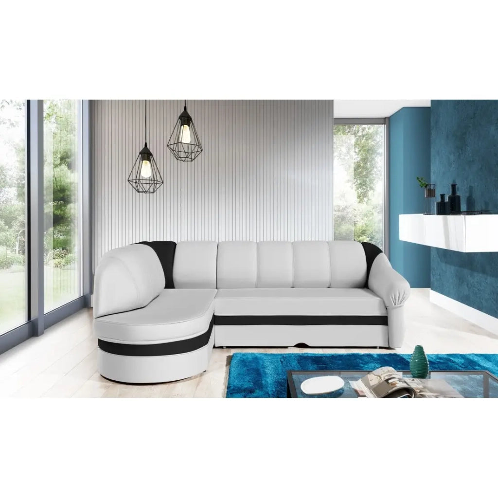 Divano angolare sinistro trasformabile BENANA 250 cm bianco e nero con contenitore