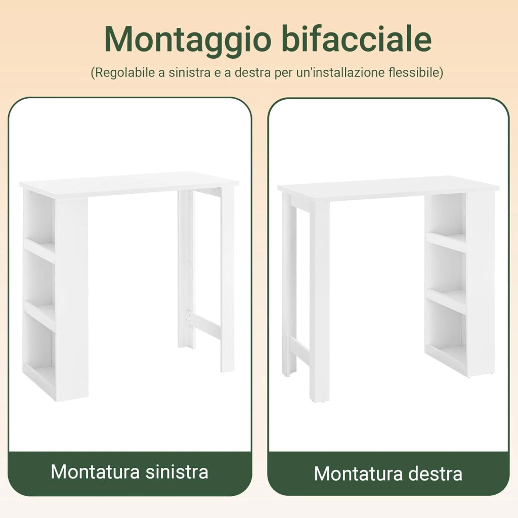 Tavolo Alto da Cucina, Tavolo da Bar Moderno con Ripiani di Stoccaggio, Design Salvaspazio per Cucina Piccola, Soggiorno, Angolo Bar o Studio Bianco 112 x 57 x 106 cm FWT17-II-W