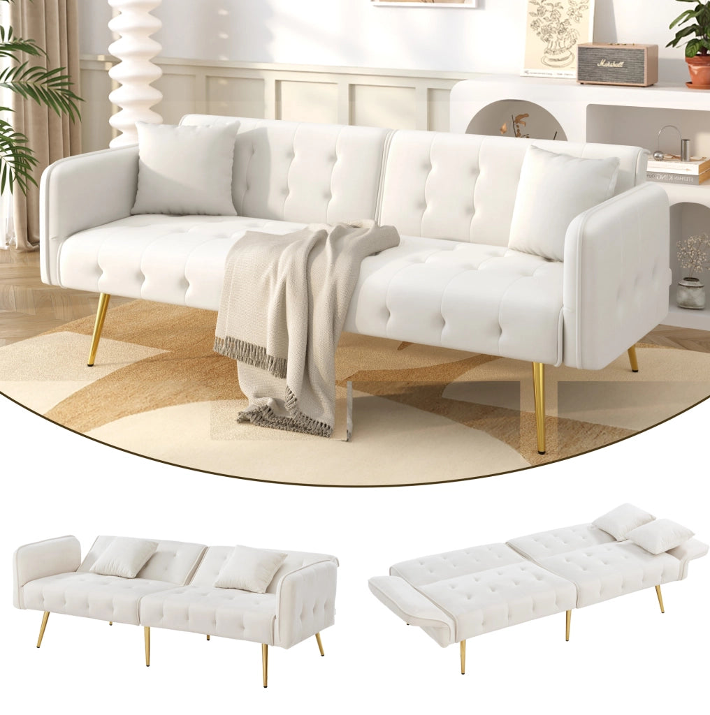 Divano letto 2 posti convertibile con schienale reclinabile; 215 x 81;5 cm; velluto bianco antico